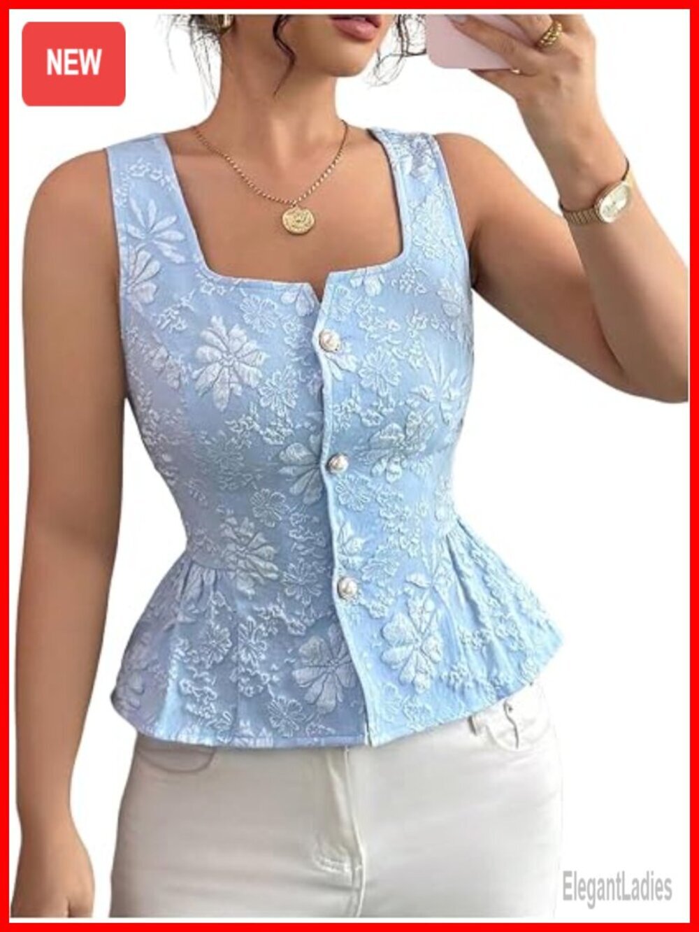 Women's Floral Peplum Tank Top Square Neck Pearl Button Sleeveless Blouse